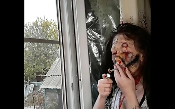 Enchanting JAV MILF Smokes Cigarette and Applies Zombie Makeup - Must See!